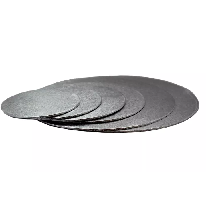Base fina e redonda para bolo, prateada, com 10 cm de diâmetro.
