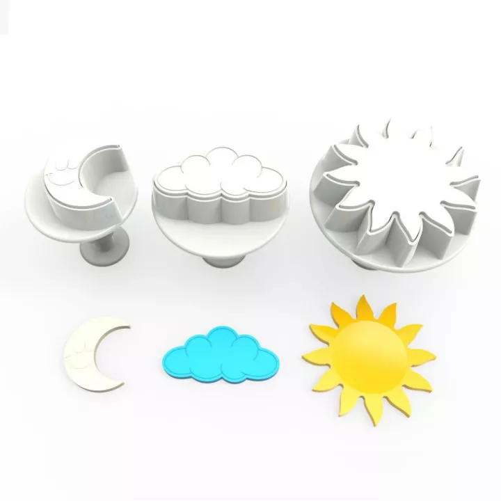 3 mini emporte-pièces lune nuage soleil avec éjecteur