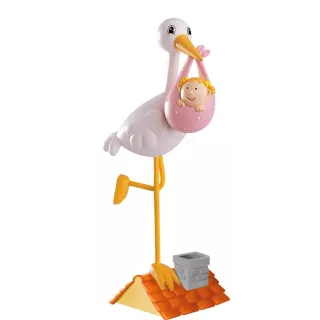 Figurine de baptême cigogne bébé rose