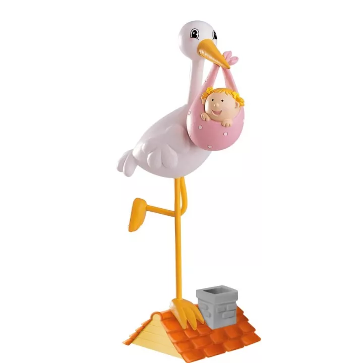 Figurine de baptême cigogne bébé rose