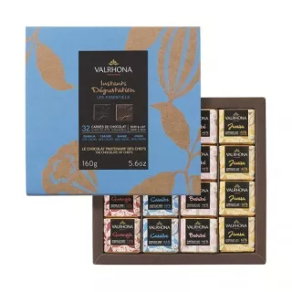 Caixa com 32 quadradinhos de chocolate amargo e ao leite - Valrhona