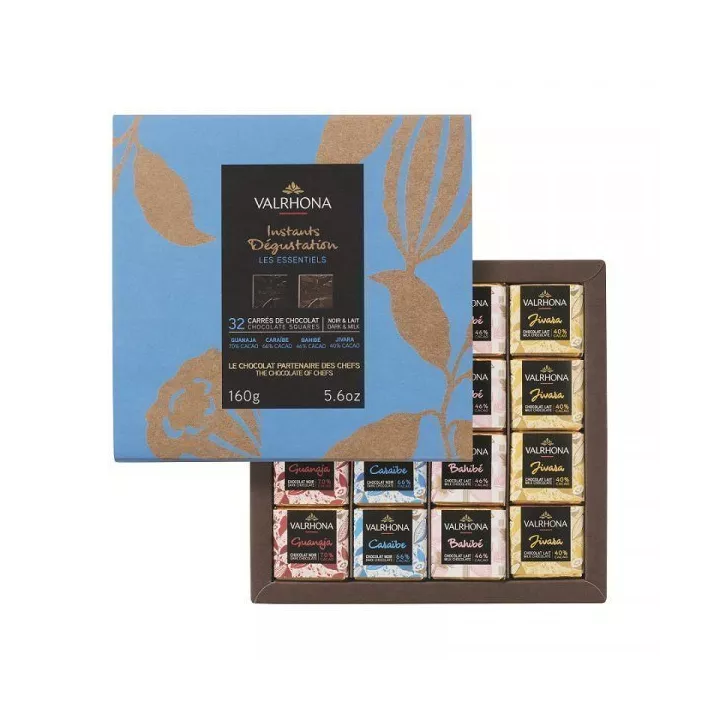Caixa com 32 quadradinhos de chocolate amargo e ao leite - Valrhona