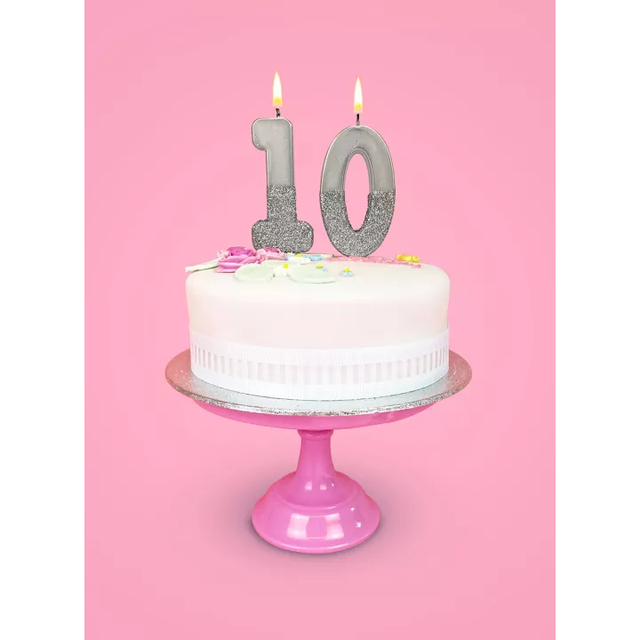 candela a forma di numero con glitter argento