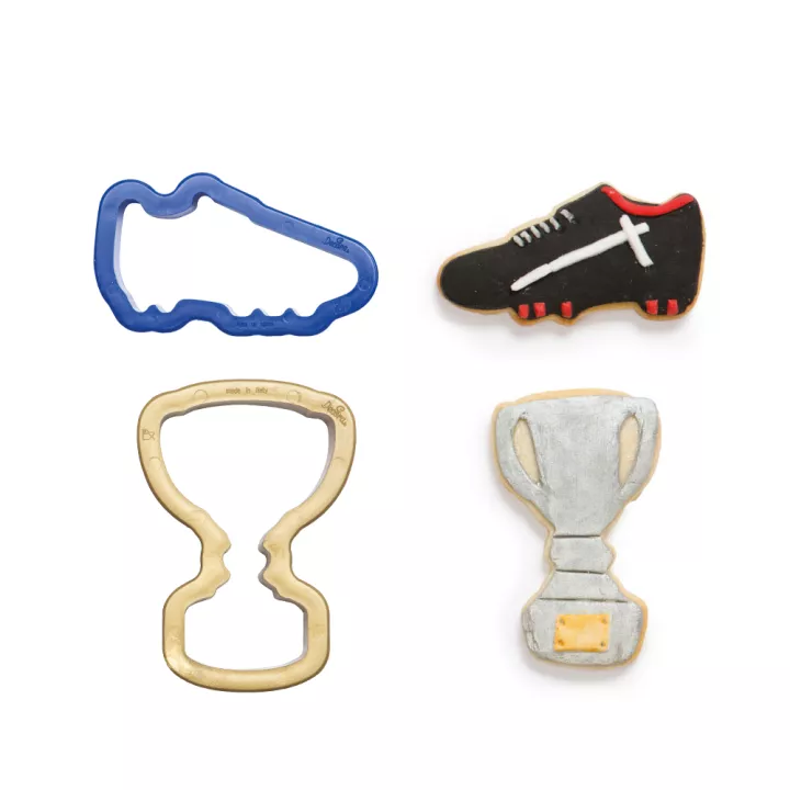 2 Cookie Cutters in the Shape of Football Boots and a Football Cup