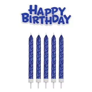 16 Bougies bleues "Happy Birthday" avec plaque