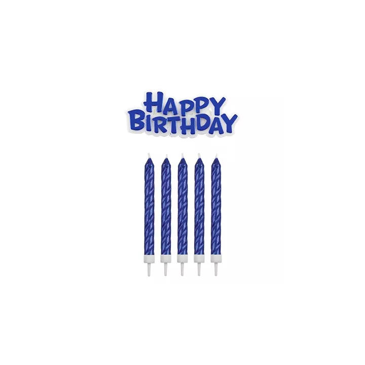 16 candeline blu con la scritta "Buon compleanno" e targhetta