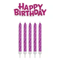 16 velas cor-de-rosa com a inscrição "Feliz Aniversário" e placa.