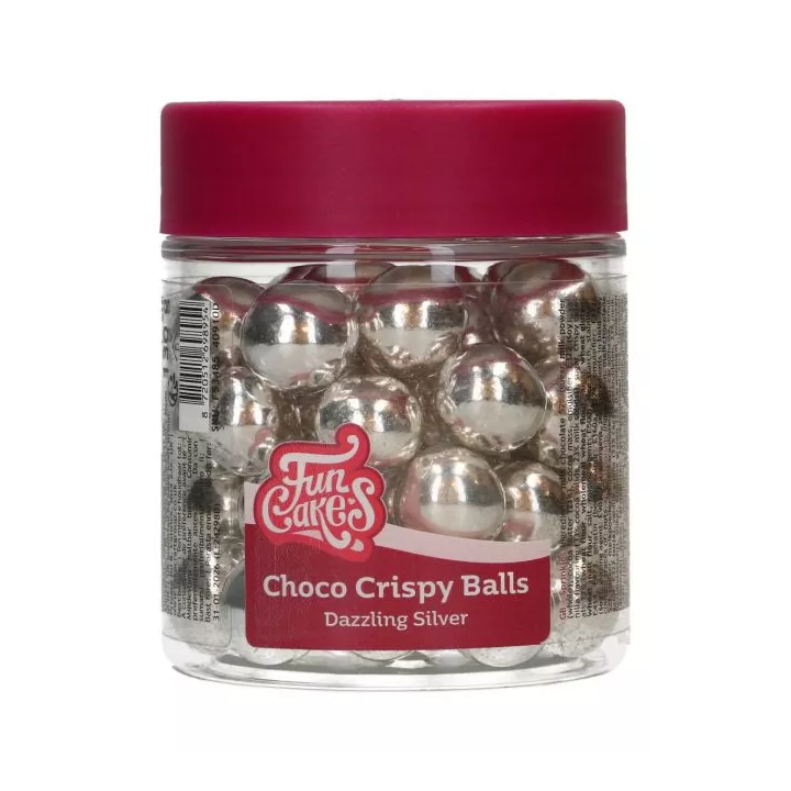 Large, crispy, shiny silver chocolate pearls