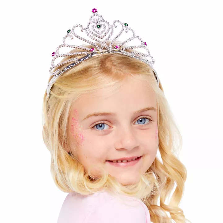 Corona decorativa per torta in argento con gemme rosa e verdi