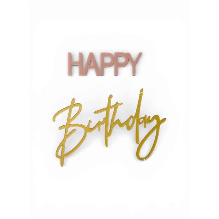 Cake front Plaque Happy Birthday doré et rose
