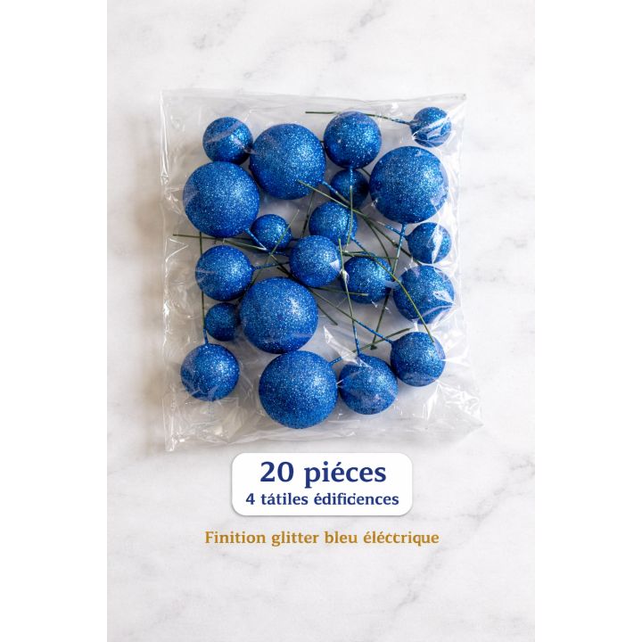 20 boules décoratives glitter bleu