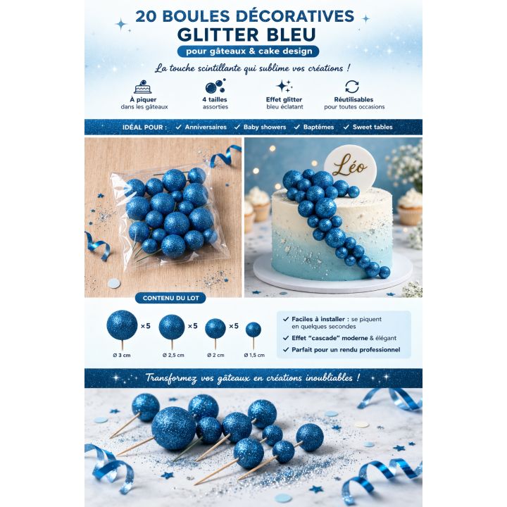 20 boules décoratives glitter bleu