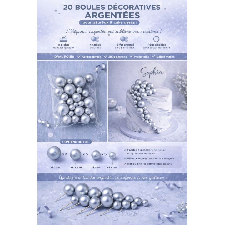20 boules décoratives argentées
