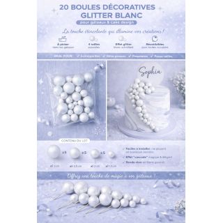 20 boules décoratives glitter blanc