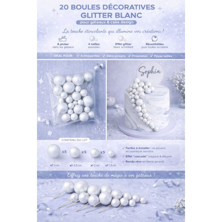 20 boules décoratives glitter blanc
